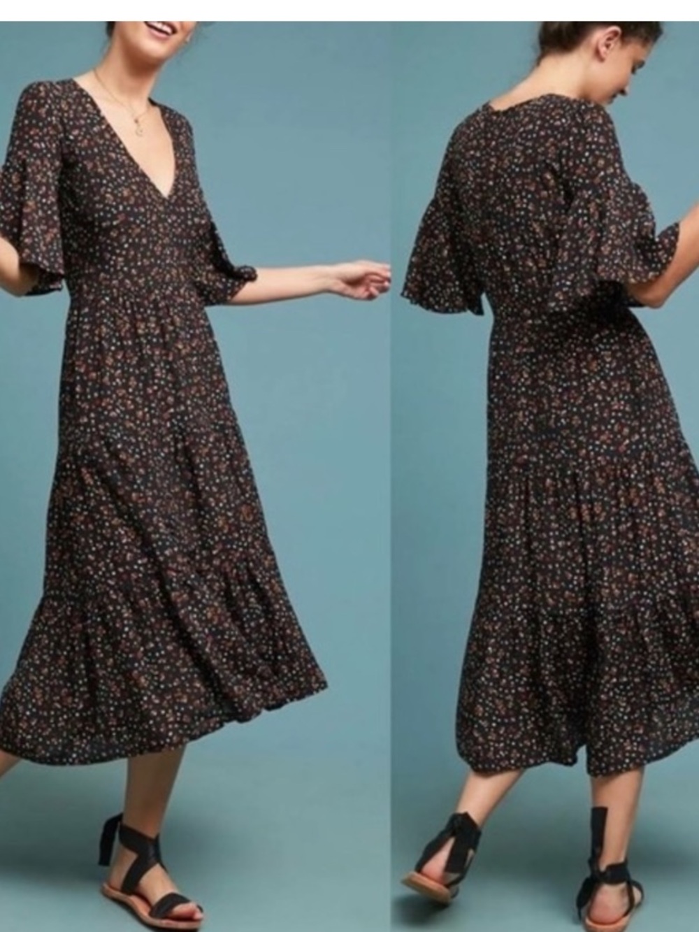 Anthropologie Faithfull the Brand Melia Black Floral Bell Sleeve Midi Dress M - Picture 2 of 7